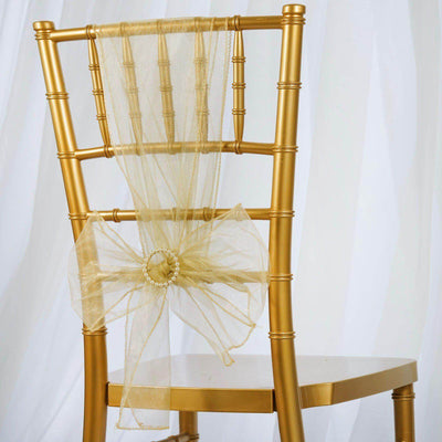 5 Pack Organza Chair Sashes Champagne - Reusable Sheer Chair Bows 6"x108"