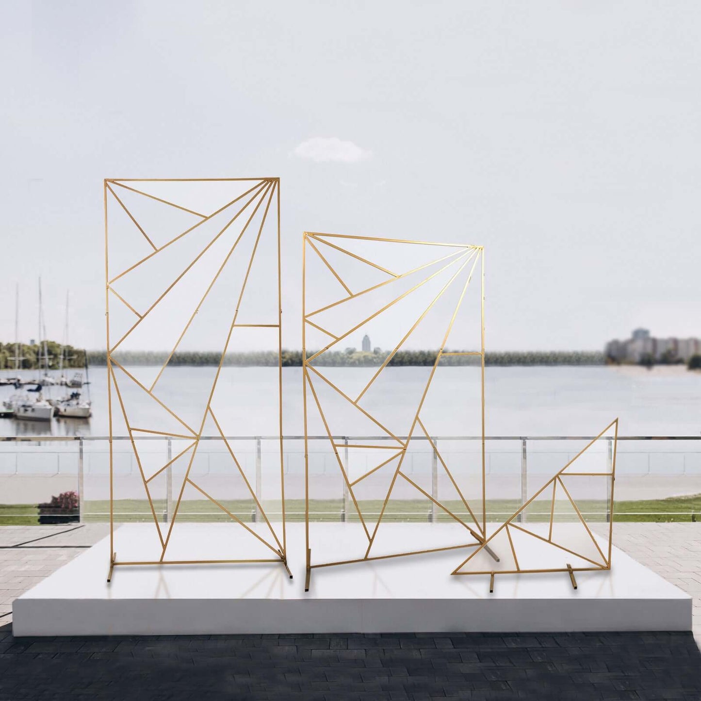 6ft Tall Gold Metal Rectangular Geometric Flower Frame Prop Stand, Wedding Backdrop Floor Stand With Cloudy Film Insert