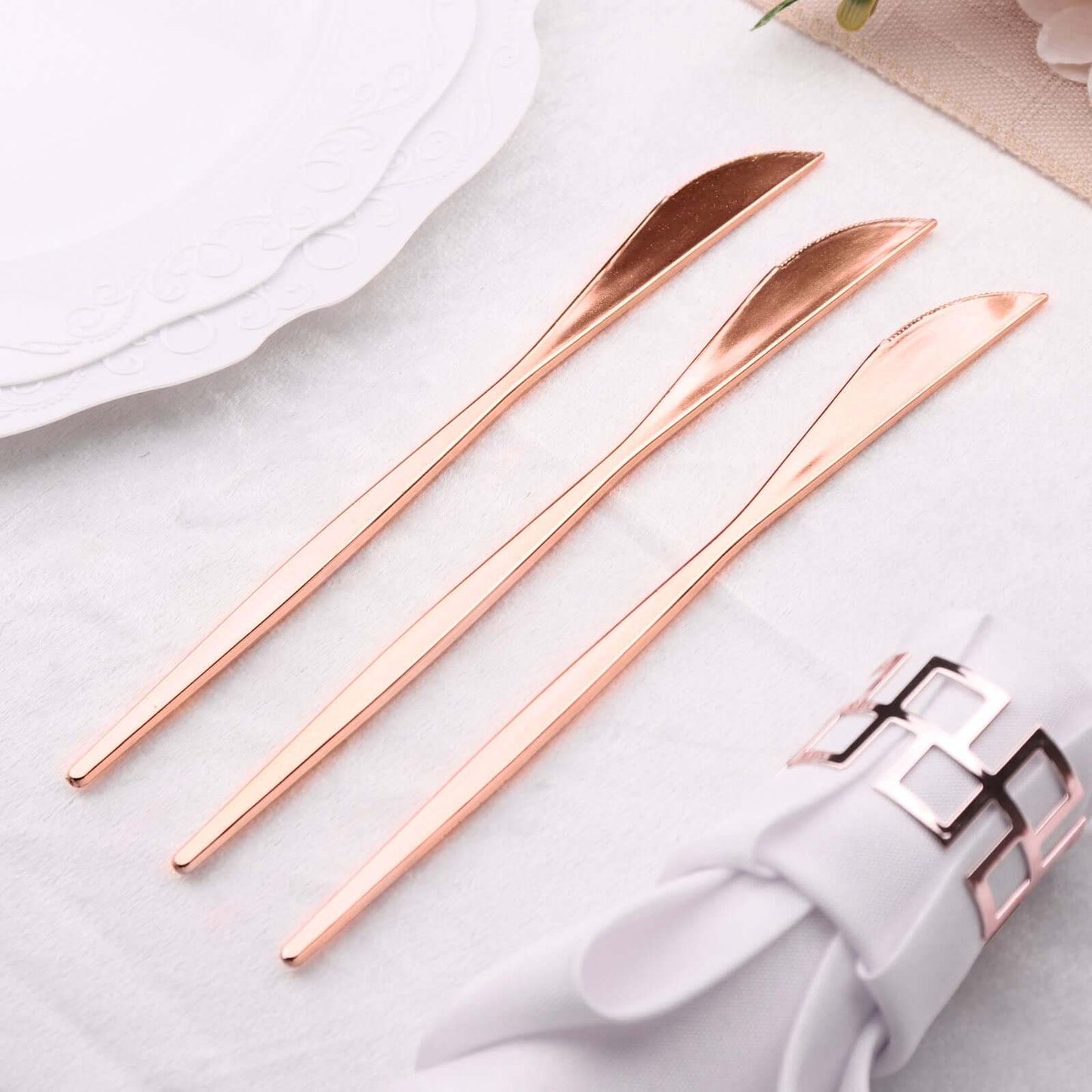 24-Pack Plastic Knives Glossy Rose Gold - Premium Heavy Duty Disposable Flatware Cutlery 8"