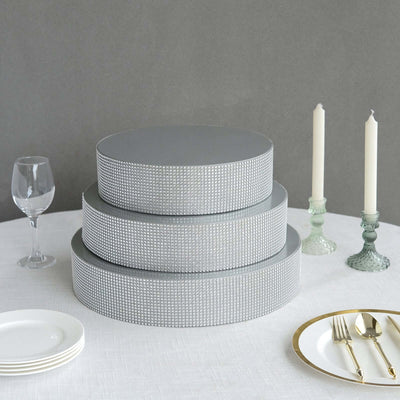 Metal Pedestal Cake Stand Round Design with Rhinestones Silver - Cupcake Holder and Dessert Table Centerpiece 16"