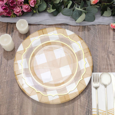 10-Pack Disposable Paper Charger Plates – Gold/White Buffalo Plaid 13" Round Table Chargers, 350 GSM Cardstock