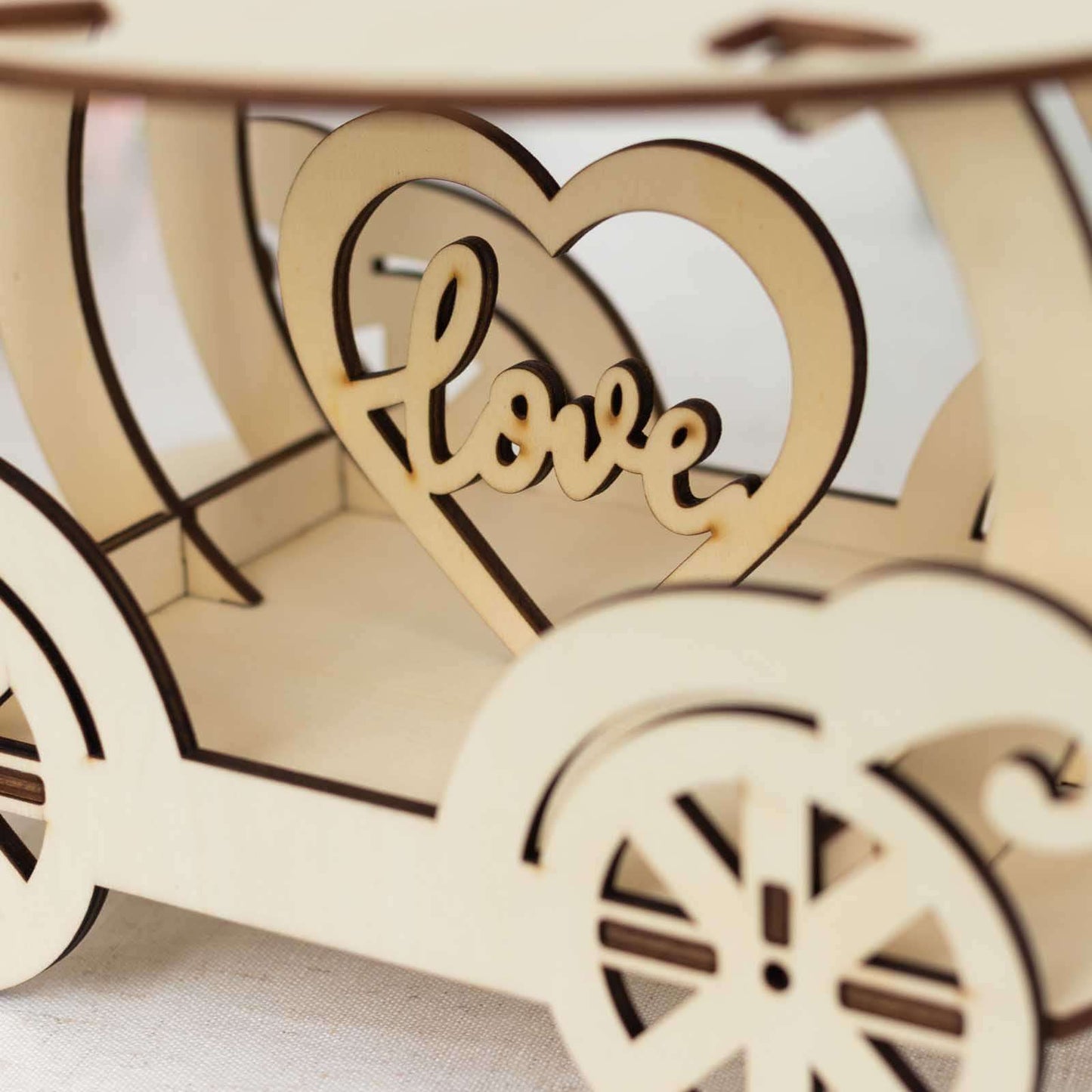 Wooden Wedding Cake Stand Carriage Shape Natural with Laser Cut Design - Round Cupcake Holder Display Plate 12"