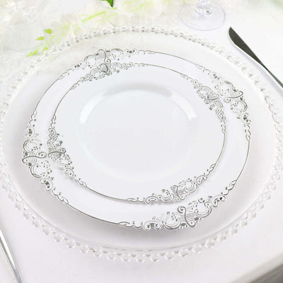10-Pack Plastic 10" Round Dinner Plates in White with Silver Leaf Embossed Rim - Disposable Vintage Baroque Style Plates