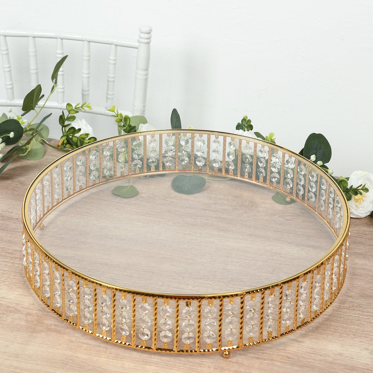 18" Round Gold Cake Stand with Hanging Crystal Beads and Glass Top – Metal Dessert Display Tray