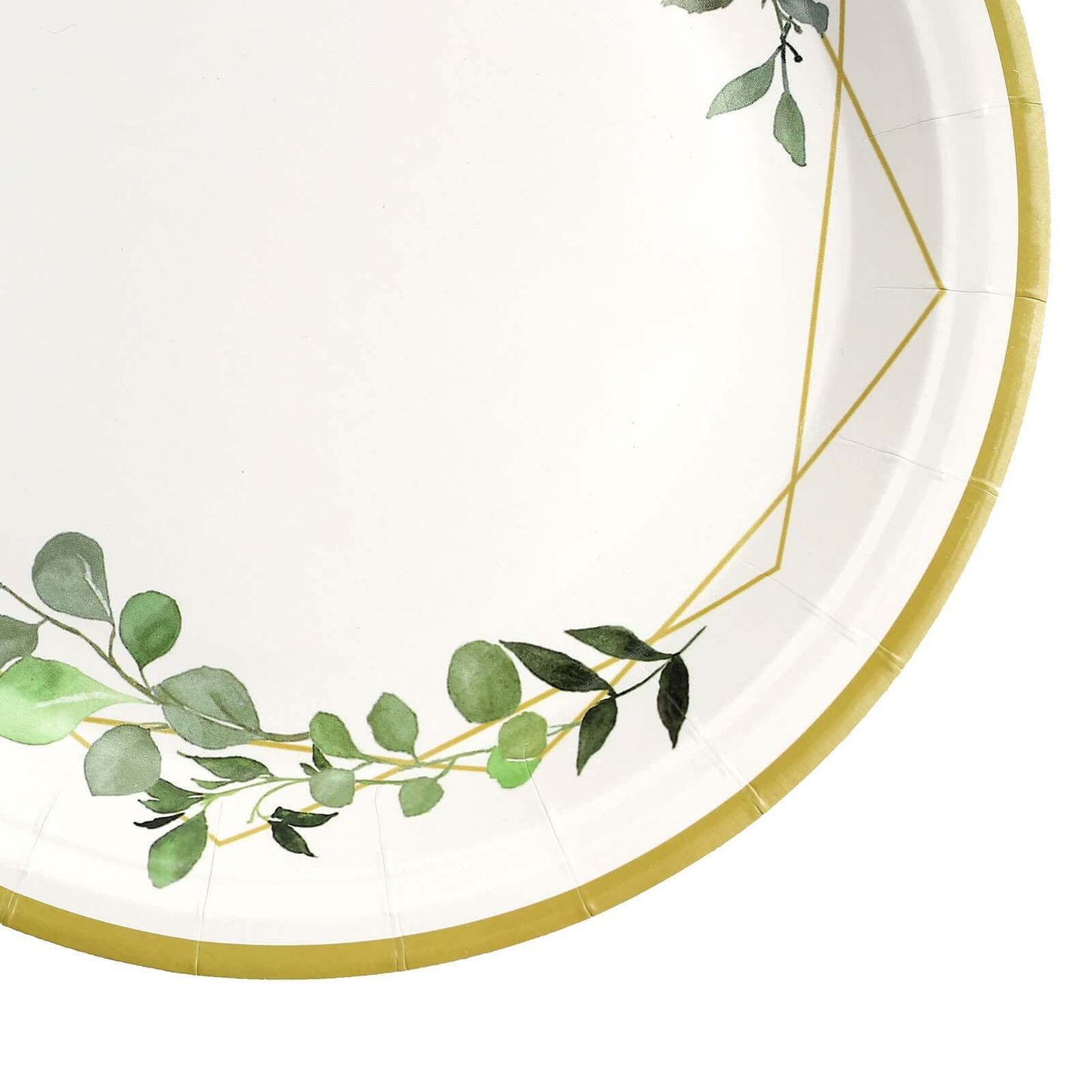 24-Pack Paper 9" Round Dinner Plates in White with Eucalyptus Leaves & Gold Rim - Disposable 300GSM Party Plates for Modern & Nature-Inspired Events