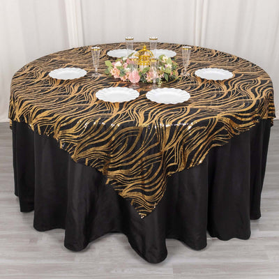 Mesh 72"x72" Table Overlay Square Tablecloth Black Gold - Wave Embroidered Sequins Table Topper