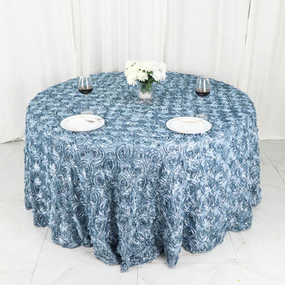 Satin 120" Round Tablecloth Dusty Blue - Grandiose 3D Rosette with Seamless Finish Table Cover
