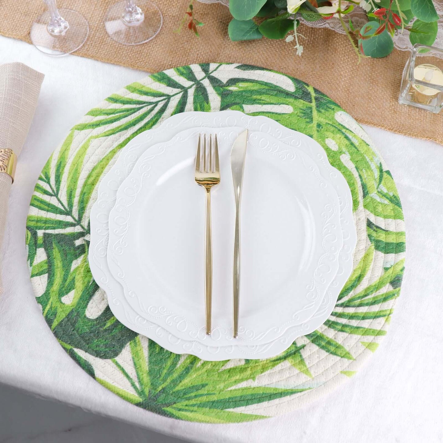 4-Pack Table Placemats Tropical Leaf Design Green Cotton Round - Woven Indoor/Outdoor Dining Mats 15"