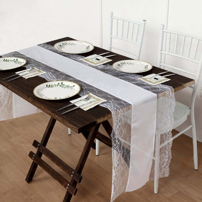 Faux Burlap Jute 16"x108" Table Runner White With Lace Edging - Rustic Farmhouse Table Linen