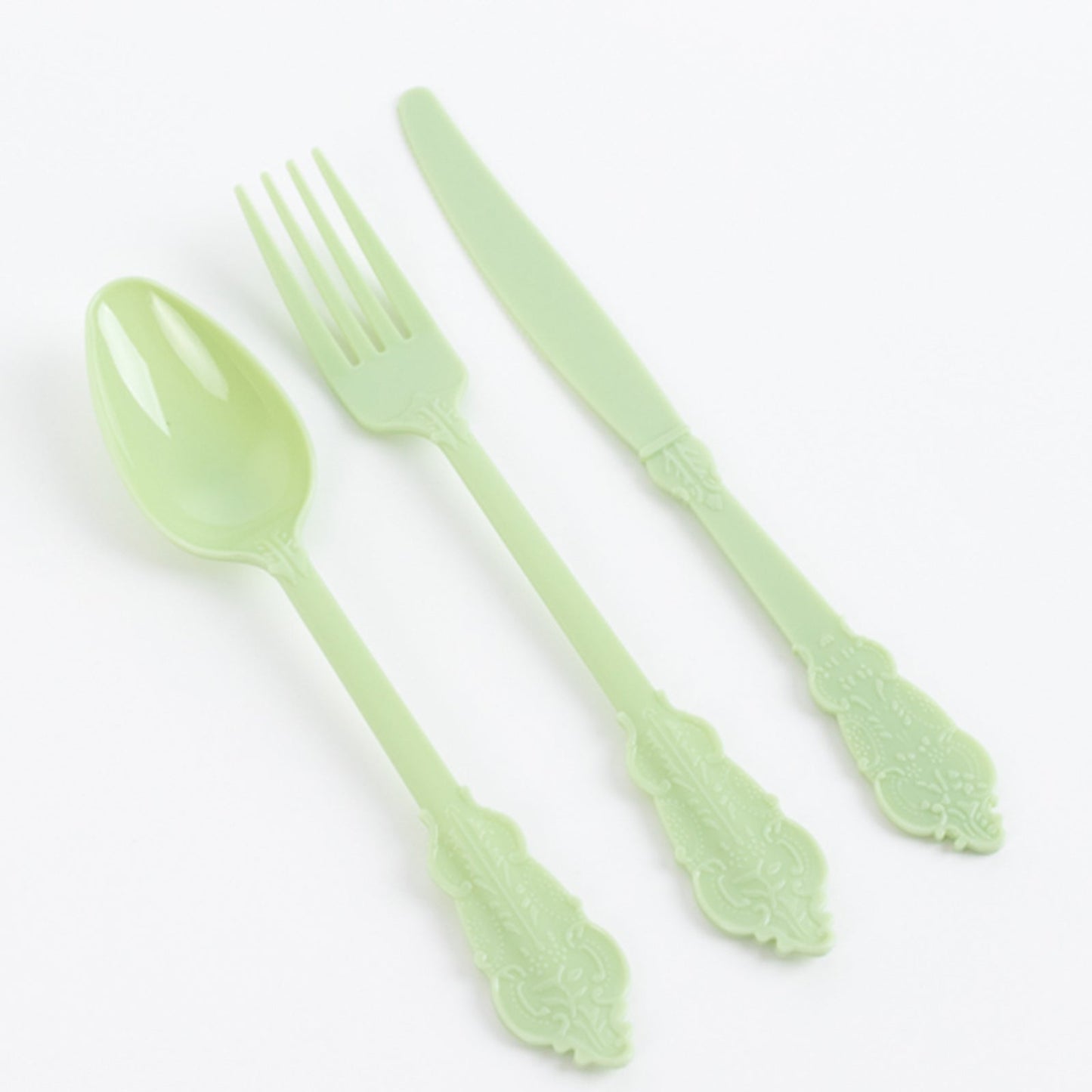 72 Pcs Plastic Silverware Set in Baroque Style Sage Green - Heavy Duty Disposable Knife, Fork, and Spoon Set