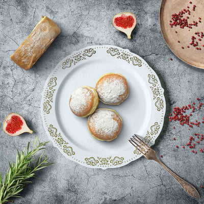 10-Pack Plastic 10" Round Dinner Plates in White with Gold Embossed Scalloped Edge - Chic Disposable Party Plates for Special Occasions & Banquets