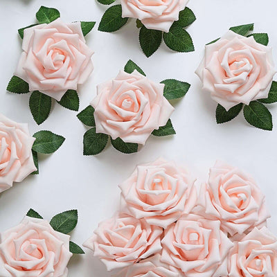 24 Roses 5" Blush Artificial Foam Flowers With Stem Wire and Leaves