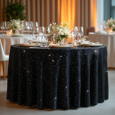 Scuba Round Tablecloth 120″ Black with Rhinestone Accents – Seamless Wrinkle-Free Stain-Resistant Event Linen
