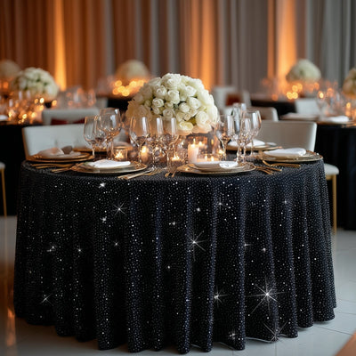 Scuba Round Tablecloth 132″ Black with Rhinestone Accents – Seamless Wrinkle-Free Stain-Resistant Event Linen