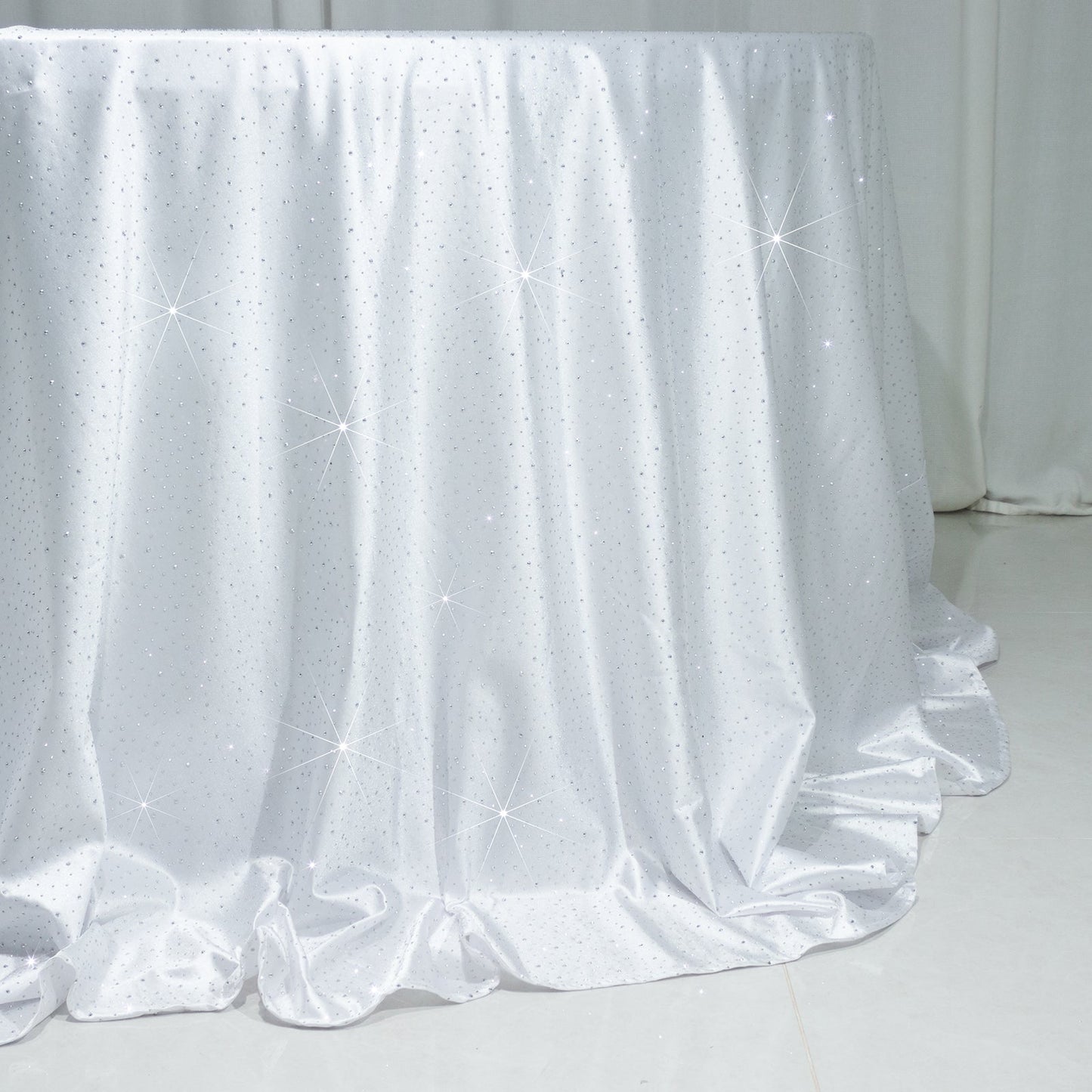 Scuba Round Tablecloth 132″ White with Rhinestone Accents – Seamless Wrinkle-Free Stain-Resistant Event Linen