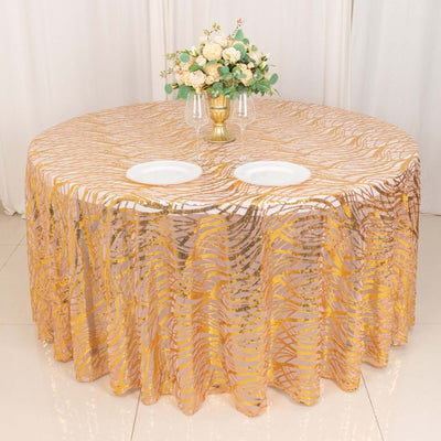 Sequin Mesh 120" Round Tablecloth Rose Gold/Gold - Seamless Wave Embroidered Table Cover
