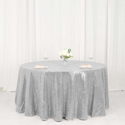 Sequin 120" Round Tablecloth Silver - Seamless Glittering Table Cover