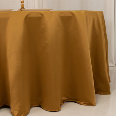 Lamour Satin 120" Round Tablecloth Gold - Seamless Table Cover with Soft Tempered Sheen for Upscale Gatherings