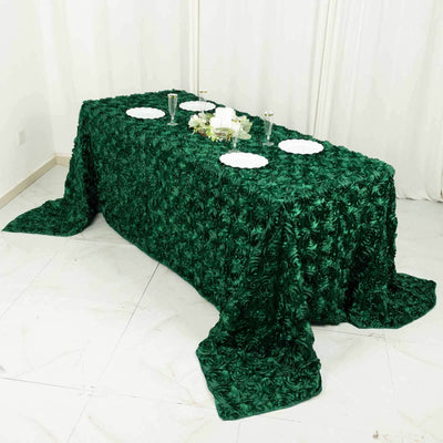 Satin 90"x132" Rectangle Tablecloth Hunter Emerald Green - Grandiose 3D Rosette Seamless Table Cover