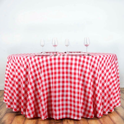 Polyester 120" Round Tablecloth White/Red Seamless - Checkered Buffalo Plaid Table Cover