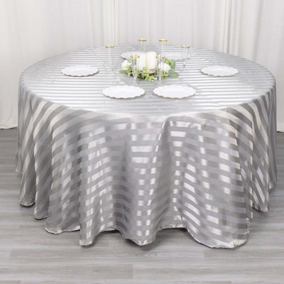 Satin Striped 120" Round Tablecloth Silver - Silky Smooth Seamless Table Cover
