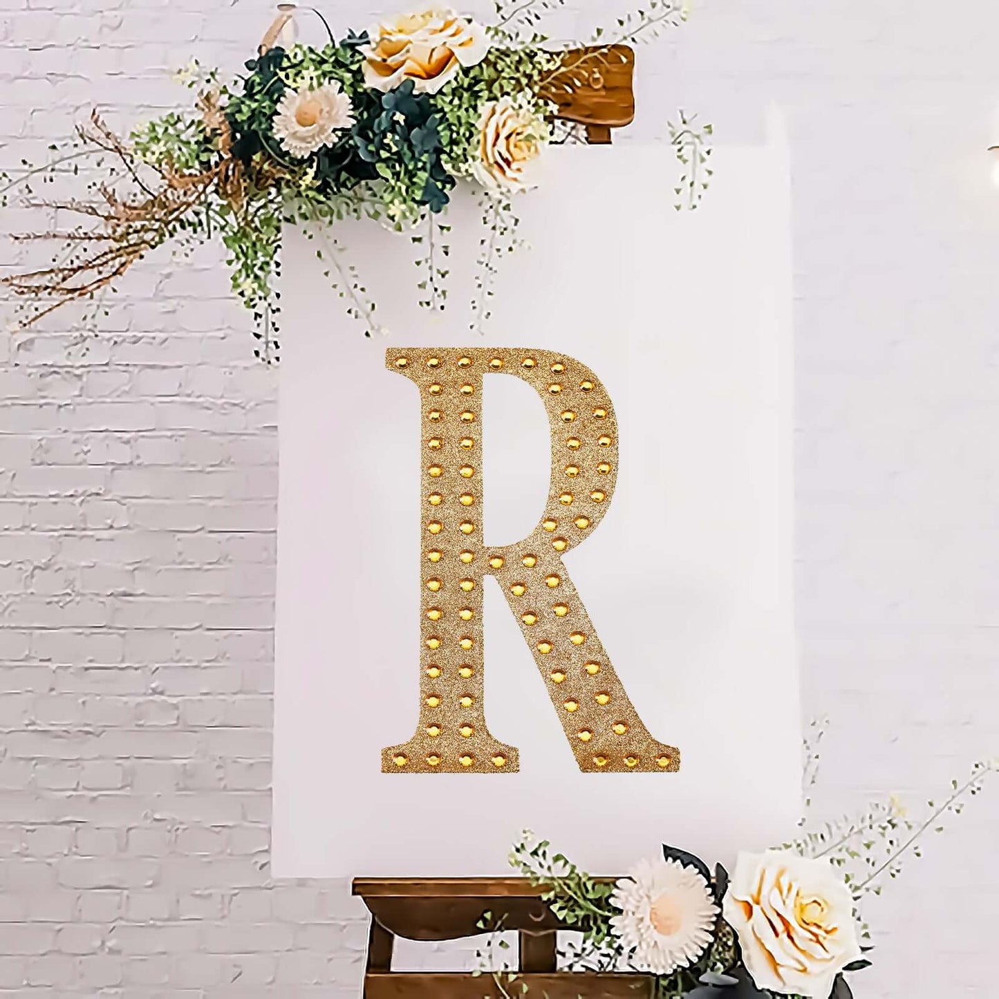 Decorative Rhinestone Alphabet "R" Letter Stickers, Glitter Adhesive Craft Letters Gold DIY Sparkle Embellishments 8"