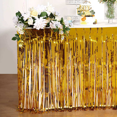 Metallic Foil Fringe Table Skirt Gold with Self Adhesive Backing - Durable Tinsel Skirt for Parties 30"x9ft