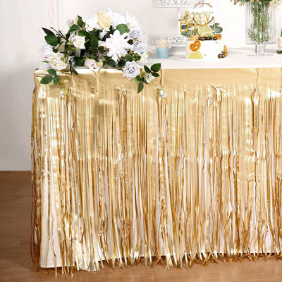 Metallic Foil Fringe Table Skirt Matte Gold with Self Adhesive Backing - Durable Tinsel Skirt for Parties 30"x9ft