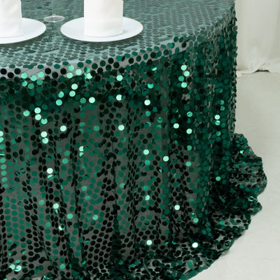 Sequin 132’’ Round Tablecloth Hunter Emerald Green - Big Payette Table Cover - Tablecloths