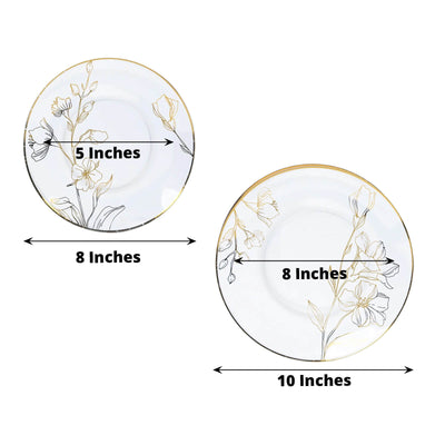 Set of 20 Plastic Round Dinner and Dessert Plates in Clear with Metallic Gold Floral Design - Stylish Disposable