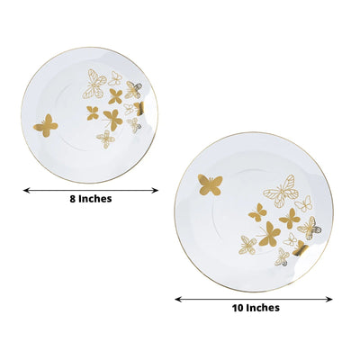 Set of 20 Plastic Round Dinner and Salad Plates in Clear with Gold Butterfly Design & Gold Rim - Stylish Disposable