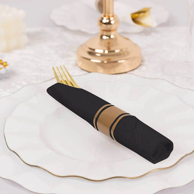 Set of 24 Gold Plastic Silverware with Pre-Rolled Black Paper Napkins - Disposable Wrapped Fork Spoon and Knife Set