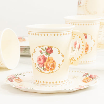 Set of 25 Paper Cups and Saucers in Ivory with Rose Floral Print for Birthdays & Floral Themed Events - Disposables