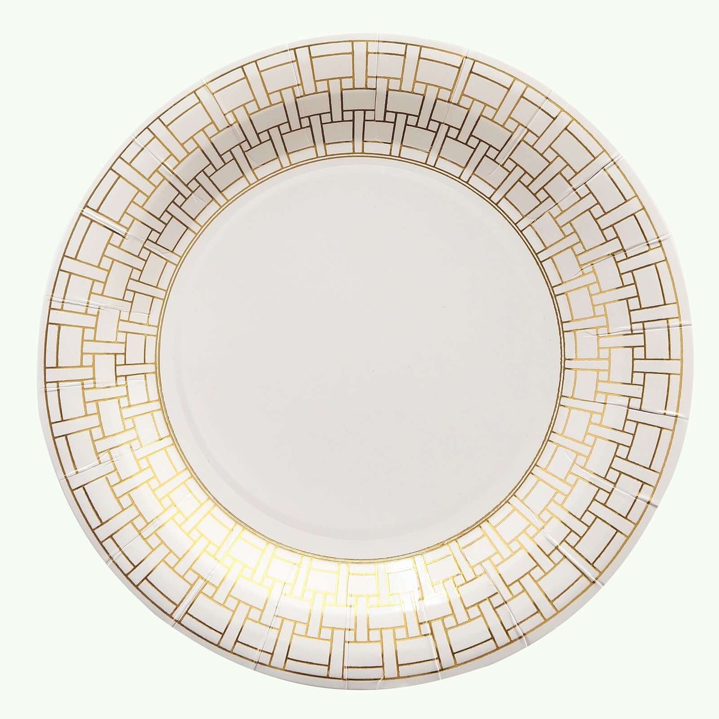 25-Pack Paper 9" Round Dinner Plates in White with Gold Basketweave Rim - Disposable Party Plates for Stylish Soirées & Festive Brunches