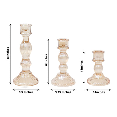Set of 3 Amber Gold Ribbed Glass Taper Candlestick Holders Fluted Crystal Candle Stands - 4’’ 6’’ 8’’ - Centerpieces