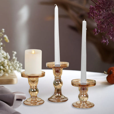 Set of 3 Glass Pillar Candle Holders Amber Gold with Round Tray - Crystal Ball Stem Taper Candlestick Tea Light Stands