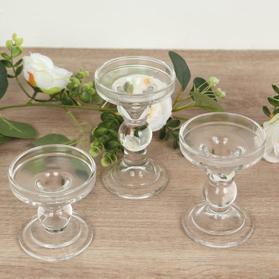 Set of 3 Glass Pillar Candle Holders Clear with Round Tray - Crystal Ball Stem Taper Candlestick Tea Light Stands 3.5’’