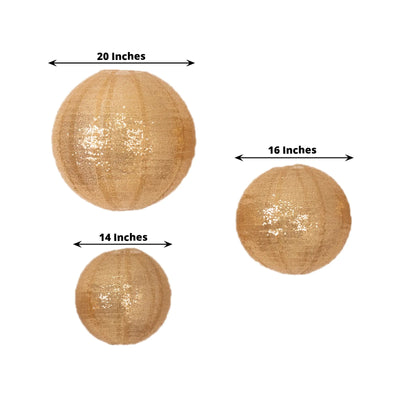 Set of 3 Glitter Gold Sequin Fabric Hanging Lanterns Large Decorative Round Foldable Chinese Lantern Lampshades