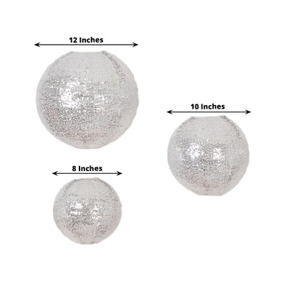 Set of 3 Glitter Silver Sequin Fabric Hanging Lanterns Decorative Round Foldable Chinese Lantern Lampshades