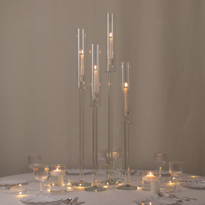 Set of 4 Crystal Glass Hurricane Taper Candle Holders Decorative Tall Candle Stands Clear Cylinder Chimney Tubes 29’’