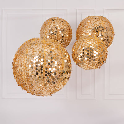 Set of 4 Glitter Gold Payette Sequin Hanging Lanterns Large Decorative Round Foldable Fabric Chinese Lantern Lampshades