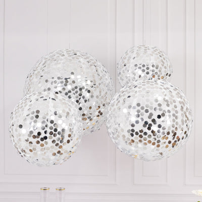 Set of 4 Glitter Silver Payette Sequin Hanging Lanterns Large Decorative Round Foldable Fabric Chinese Lantern
