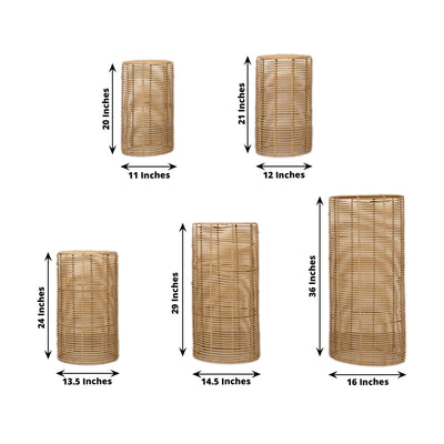 Set of 5 Natural Woven Rattan Wicker Pedestal Stands Boho Chic Side Table Cylinder Cake Dessert Plant Display Stands