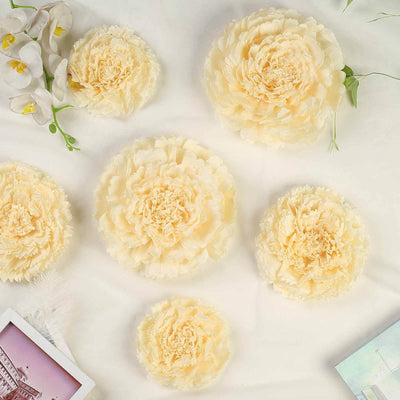 Set of 6 Ivory Cream Carnation 3D Paper Flowers Wall Decor - 7",9",11"