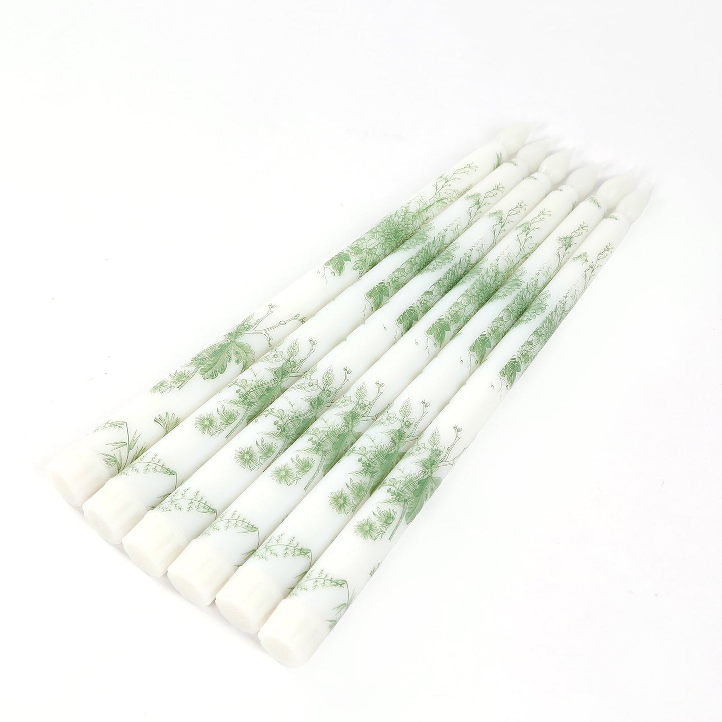 6-Pack 11" Flameless LED Taper Candles, Flickering Battery Operated – White & Sage Green French Toile Pattern