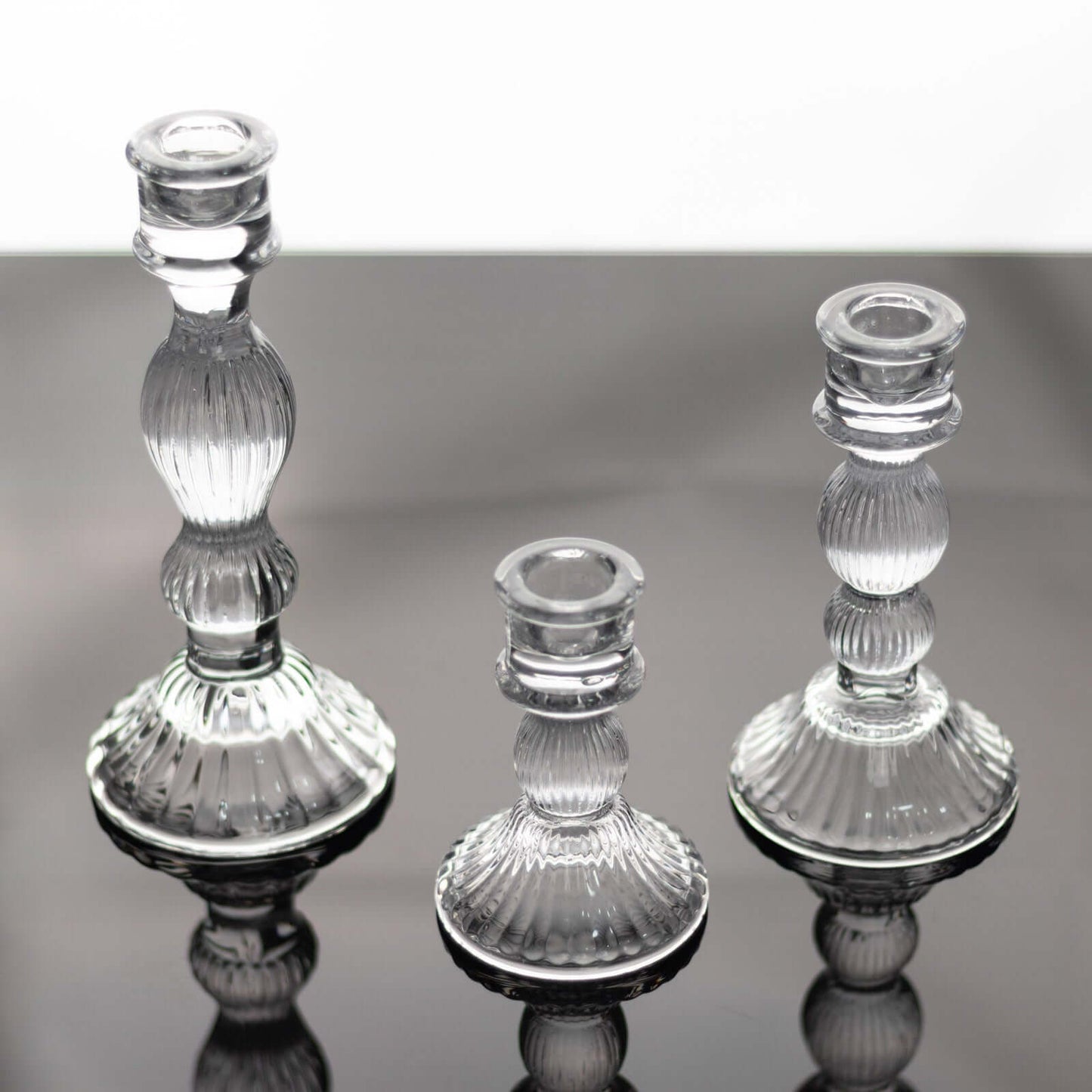 Set of 3 Glass Taper Candle Holders Fluted Design Clear - Ribbed Crystal Candlestick Stands 4", 6", 8"