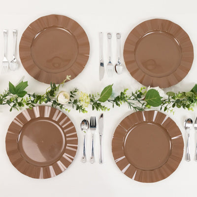 10-Pack Plastic 11" Round Dinner Plates in Coffee Brown Ruffled Rim with Gold Edging - Sturdy Disposable Dinnerware