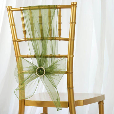 5 Pack Organza Chair Sashes Olive Green - Reusable Sheer Chair Bows 6"x108"
