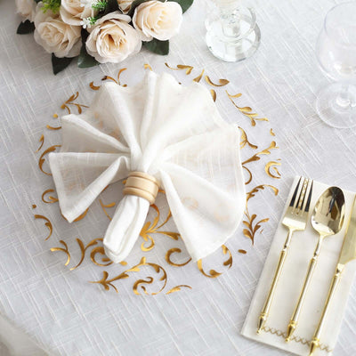 10-Pack Table Placemats Embossed Foil Flower Design Metallic Gold Round - Sheer Organza Disposable Mats 13"