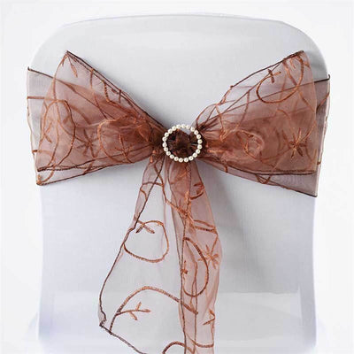 5 Pack Organza Chair Sashes with Satin Leaf Embroidery Chocolate - Reusable Sheer Design 7"x108"